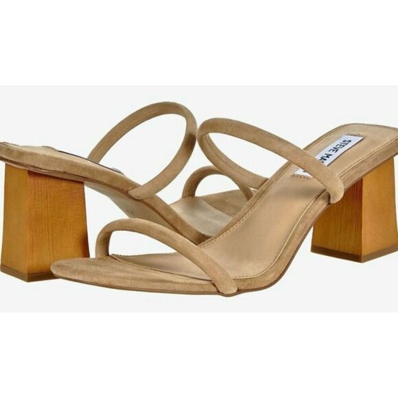 Steve Madden Sandals Womens Size 13 Tan Leather Double Strap Open Toe Heels - Picture 1 of 9
